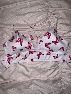 Pink Butterfly Print Ribbed swim top
